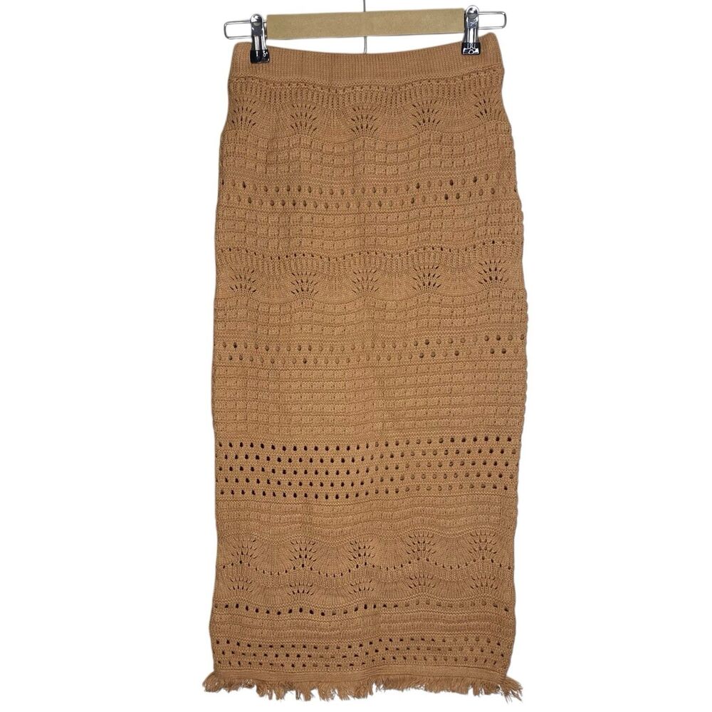 House of Harlow 1960 Crochet Skirt Womens XS Tan Midi Boho Knit Fringe Lined NEW
